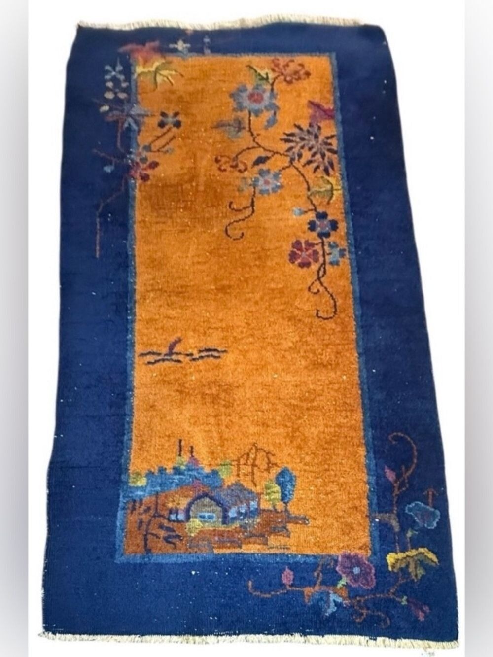 Antique Chinese Art Deco Runner Rug 1920s Hand Knotted Wool Blue Orange Floral